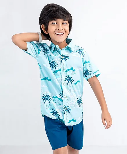 Ollington St. Half Sleeves Shirt and Shorts Set Tree Print - Blue