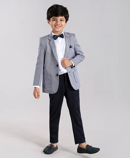 Babyhug Full Sleeves 3 Piece Party Suit With Bow - Light Blue