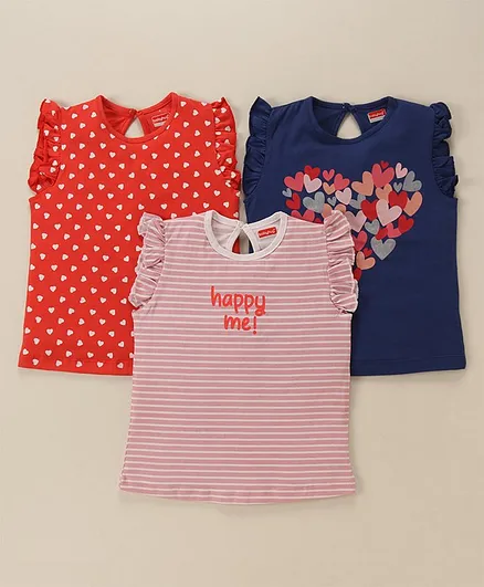 Babyhug Cap Frill Sleeves T-Shirts With Heart Graphics Pack of 3 - Navy Pink