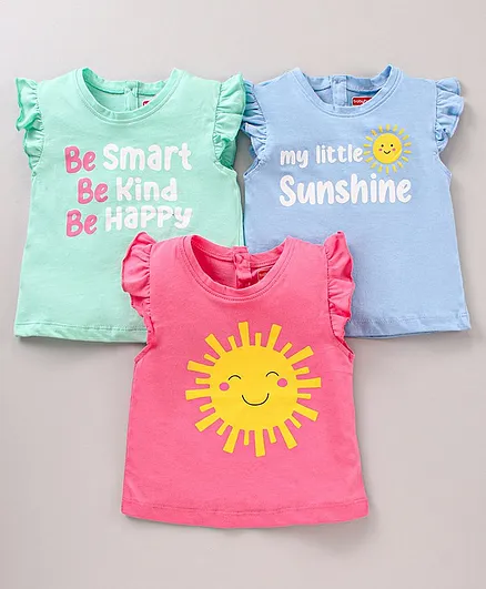 Babyhug Flutter Sleeves Tops Graphic Print Pack of 3 - Multicolor