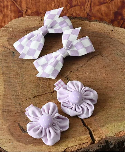 Funkrafts Checks Print Bow & Printed Flower Hair Clips Set Of 2 Pairs - Purple