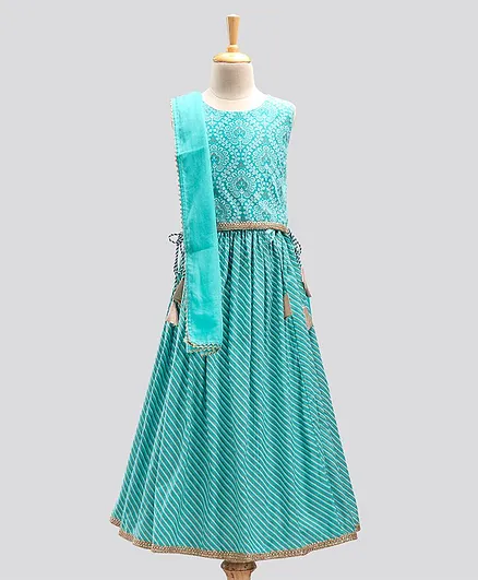 Pine Kids Sleeveless Printed Choli with Lehenga & Dupatta - Turquoise