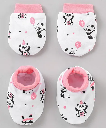 Babyhug 100% Cotton Panda Print Mittens & Booties Set - White & Pink