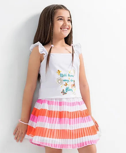 Ollington St. Singlet Sleeves Top and Skirt Set Butterfly Print - White Pink