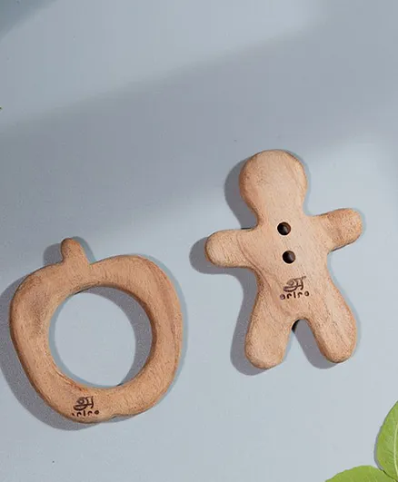 Ariro Organic Non Toxic Apple & Gingerbreadman Neem Wood Teethers Pack of 2 - Brown