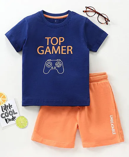 Ollington St. Half Sleeves T Shirt and Shorts Set Text Print - Blue Orange