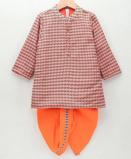 Babyhug Full Sleeves All Over Printed Dhoti & Kurta Set - Orange