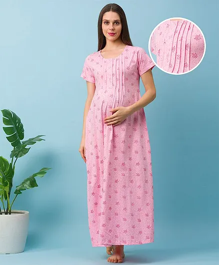 Bella Mama Half Sleeves Maternity & Nursing Nighty Floral Print - Pink