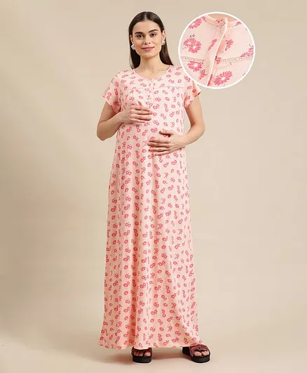 Bella Mama Half Sleeves Maternity Nighty Floral Print - Peach