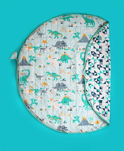 SilverLinen Snooze & Roar Dinosaur Quilted Cotton Playmat cum Storage Bag- Multicolor