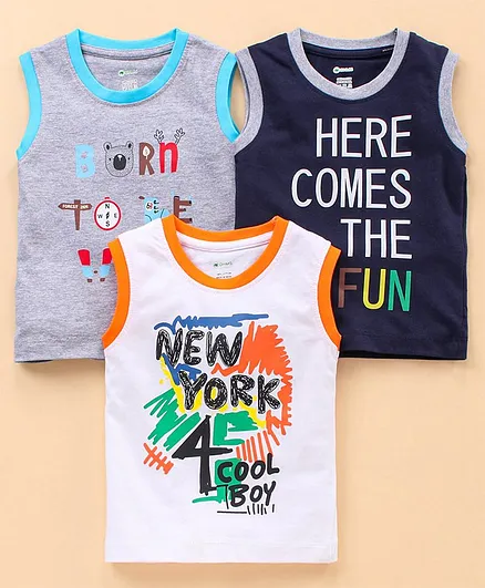 Ohms Sleeveless Tee Text Print Pack of 3 - Grey Blue White