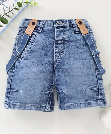 Babyhug Mid Thigh Length Denim Shorts With Suspender Washed - Blue