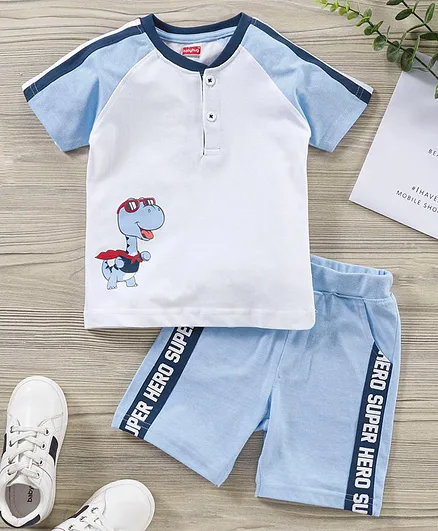 Babyhug Half Sleeves Tshirt With Shorts Dino Print - White Blue