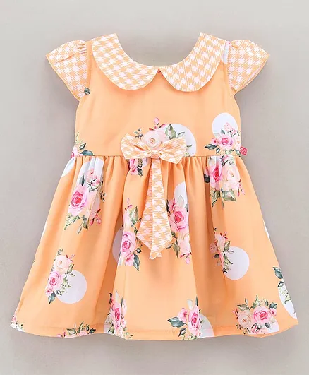 Twetoons Cap Sleeves Frock Floral Print with Bow - Orange