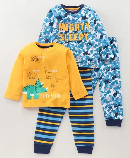 Babyhug Full Sleeves T-Shirt & Pyjama Set Multi Print - Yellow Blue