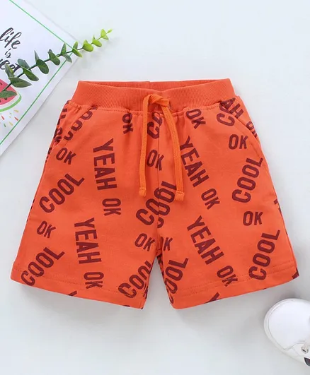 Babyhug Cotton Shorts Text Print - Orange