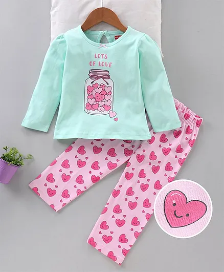 Babyhug Full Sleeves Tee & Pyjama Set Hearts Print - Blue Pink