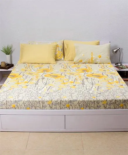 HouseThis Valley Of Flowers Panorama 1 Double Bed Sheet & 2 Pillow Covers - Yellow