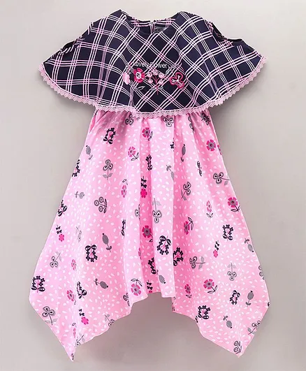 Enfnace Core Half Sleeves Checks & Flower Printed Embroidery Asymmetrical Poncho Dress - Pink