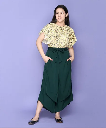 Lilpicks Couture Half Sleeves Floral Print Top With Skirt - Yellow & Green