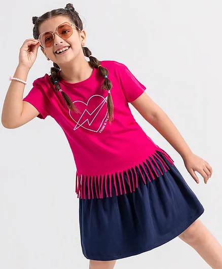 Ollington St. Half Sleeves Fringe Top and Skirt Set Heart Print - Pink Navy