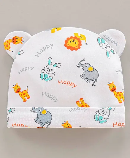 Babyhug 100% Cotton Cap Animals Printed White- Diameter 12 cm