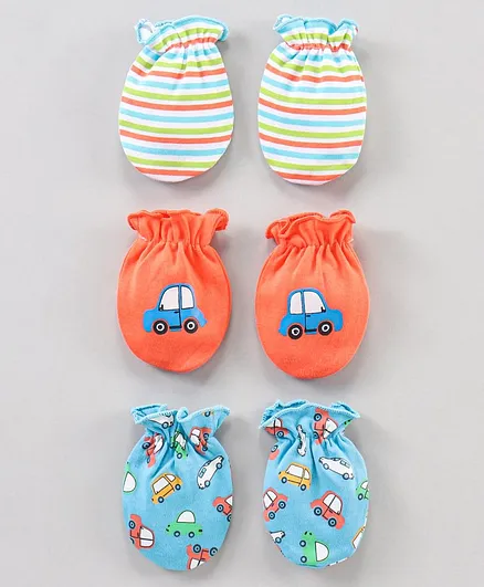 Babyhug Mittens Set Car Print & Striped Pack of 3 - Multicolor