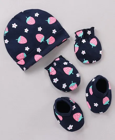 Babyhug 100% Cotton Cap Mittens & Booties Set Strawberry Print Navy Blue