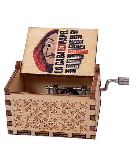 EITHEO Wooden Antique Carved Hand Crank Music Box Money Heist Theme - Brown