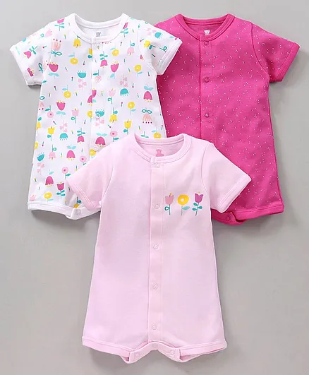 I Bears Half Sleeves Rompers Flowers Print Pack of 3 - Pink White