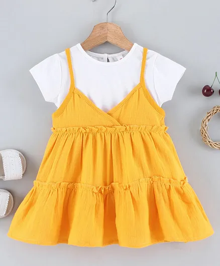 Babyhug Singlet Sleeves Tiered Frock With Half Sleeves Inner Top Solid - Yellow