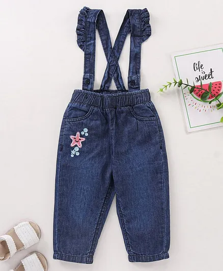 Babyhug Full Length Denim Jeans With Suspenders Star Embroidery - Blue