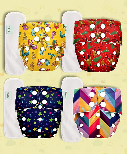 Deedry Cloth Diapers Reusable, Adjustable with Snap Buttons & comes with Insert - Pack of 4