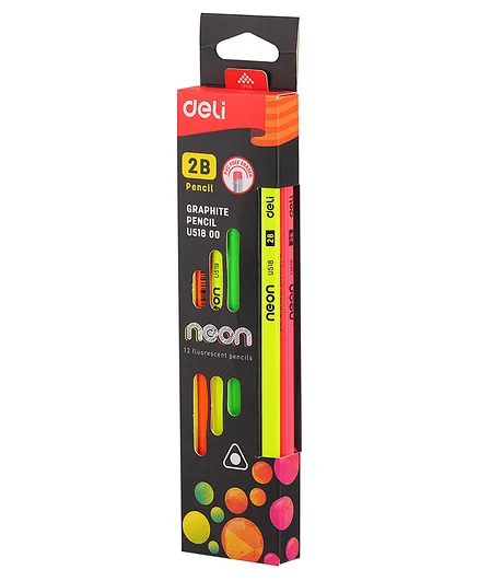Deli Regular Writing 2B Black Neon Colour Graphite Pencils With Eraser - Pack Of 12