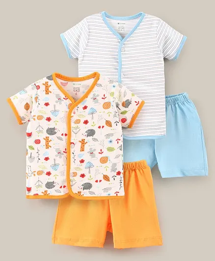 OHMS Half Sleeves Printed Shirt with Shorts Sets Pack of 2 - Blue Orange White