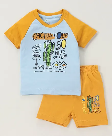OHMS Half Sleeves T-Shirt & Shorts Set Text Print - Blue Yellow