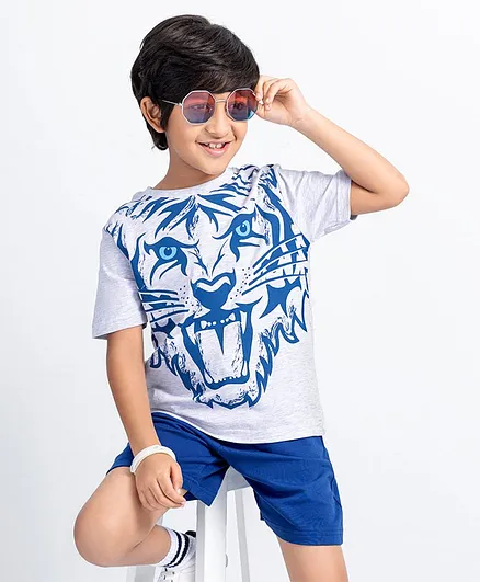 Ollington St. Half Sleeves T Shirt with Shorts Tiger Print - White Dark Blue