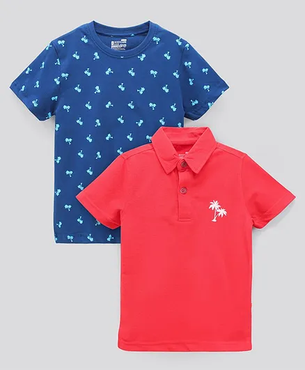 Proteens - Bodycare Half Sleeves T-Shirts Palm Trees Print & Embroidery Pack Of 2 - Red Blue
