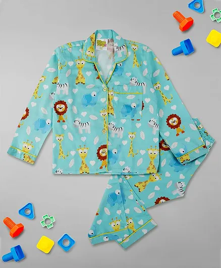 Pyjama Party Full Sleeves Into The Jungle Theme Kids Cotton Pyjama Set - Mint Green