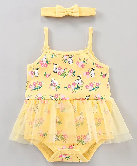 Babyhug 100% Cotton Singlet Sleeves Onesie With Headband Floral Print & Net Detailing - Yellow