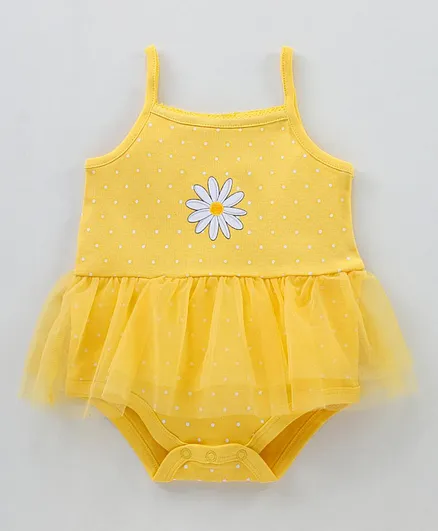 Babyhug 100% Cotton Singlet Sleeves Onesie Floral Print with Net Detailing - Yellow
