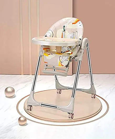 Folding Baby Feeding High Chair with Wheels And Seat - Beige