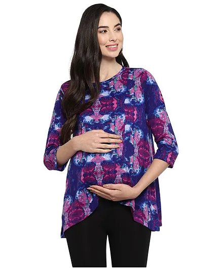 Momsoon Three Fourth Sleeves Tie And Dye Nursing Top - Multicolor