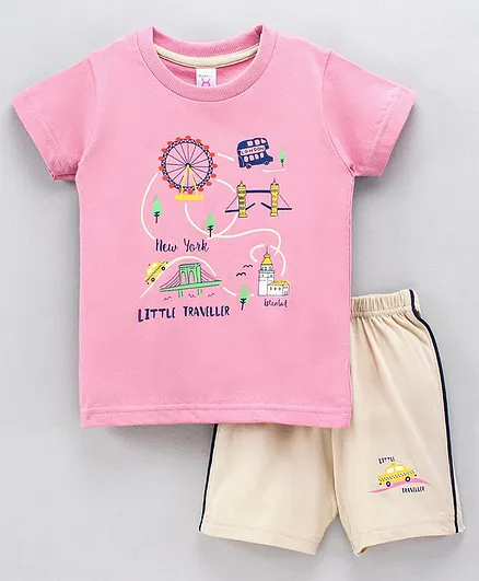 Pink Rabbit Half Sleeves T-Shirt & Shorts Set Printed - Pink