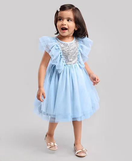 Babyhug Woven Sleeveless Ruffled Party Frock Sequin - Blue