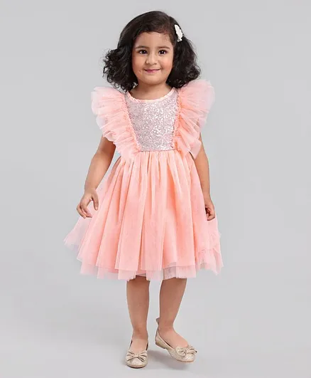 Babyhug Flutter Sleeves Party Wear Sequined Frock - Peach