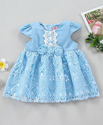 Kookie Kids Party Wear Cap Sleeves Lace Frock Floral Appliques - Light Blue