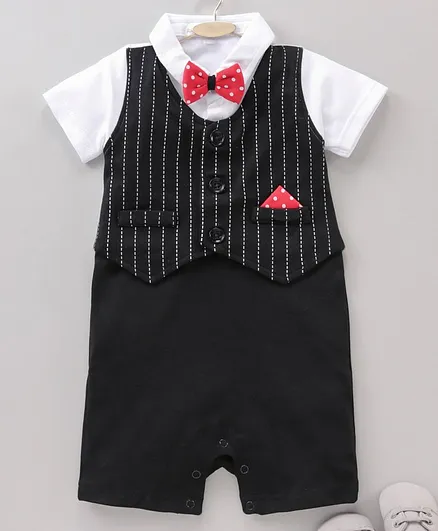 Mark & Mia Half Sleeves Party Wear Romper Stripes Print- Black - Black
