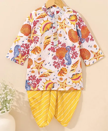 Babyhug Cotton Full Sleeves Kurta & Dhoti Set Ethnic Print - Yellow White