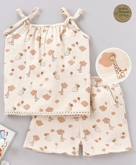 Babyoye Singlet Sleeves Cotton Printed Top with Shorts Set - Beige